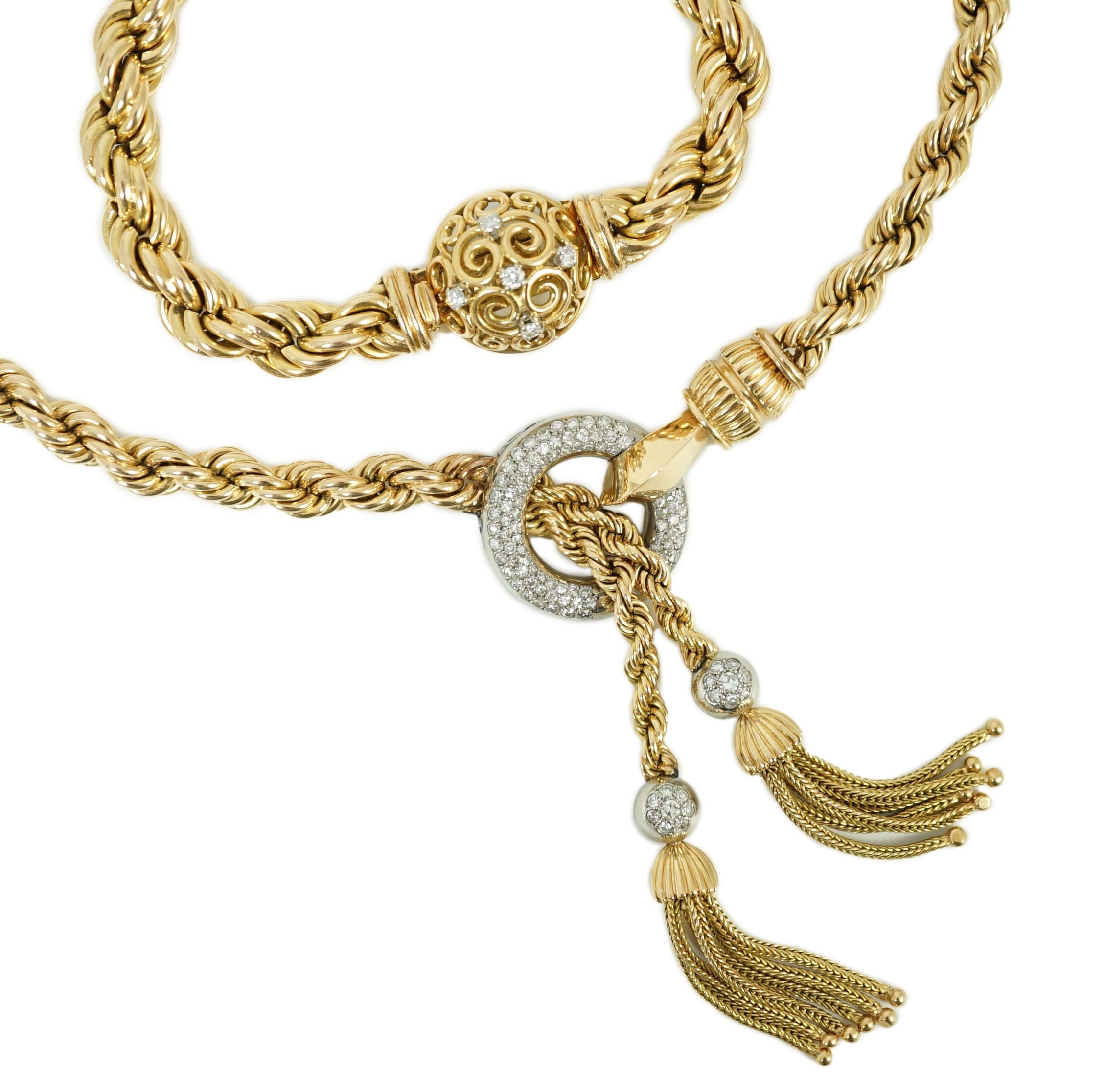 A modern heavy Middle Eastern gold and diamond set rope twist drop tassel necklace, together with a similar gold and diamond set bracelet